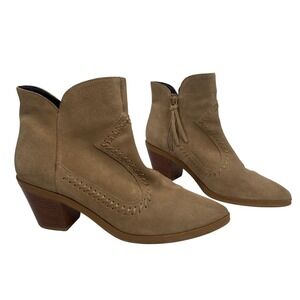 Rebecca Minkoff Tan Suede Whipstitch Ankle Boots Pointed Toe Block Heel‎ 6.5M